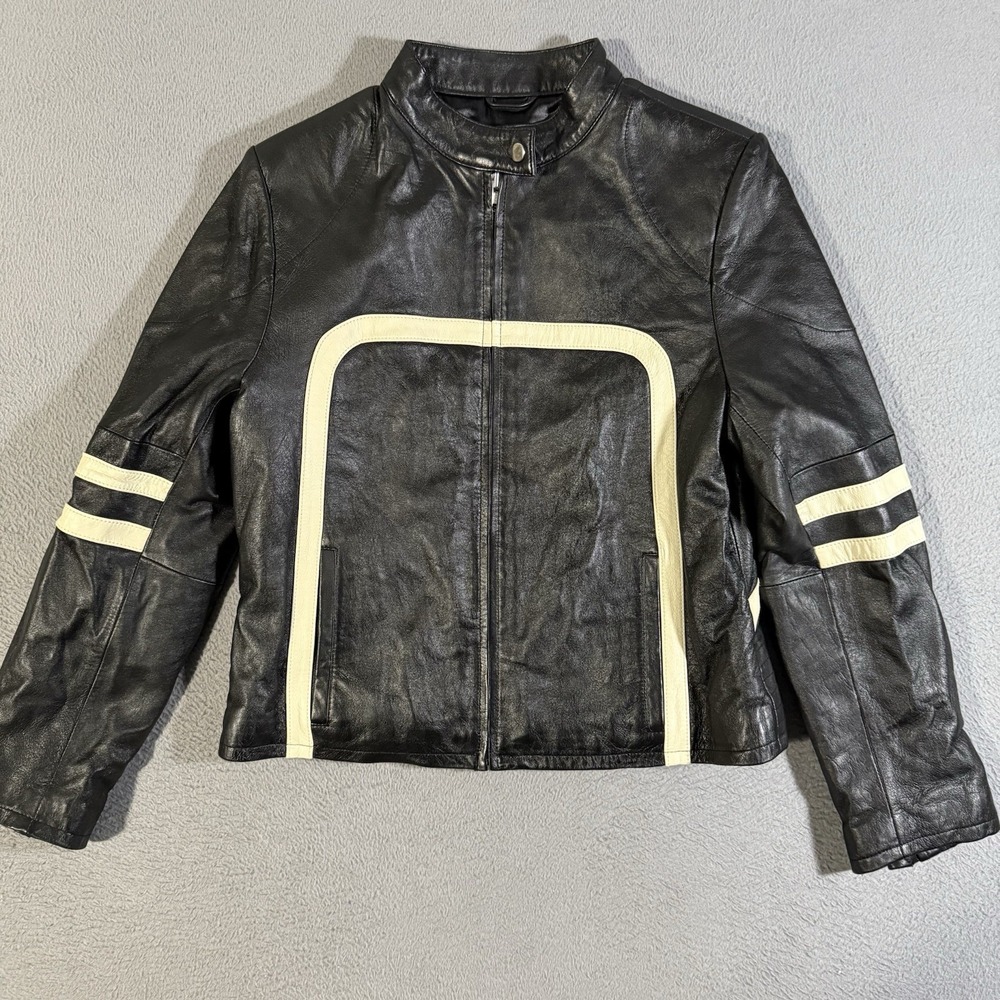 Vintage Wilsons Maxima Leather Jacket Womens Large Black & White Moto Cafe Racer
